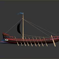 Red Ship Model With Blue And White Flag And Wooden Oars