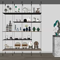 Modern Black Metal Shelving Unit With Decorative Items On White Wall 3d model