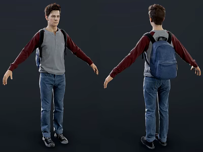 Man In Gray And Red Shirt Blue Jeans With Blue Backpack And Outstretched Arms 3d model