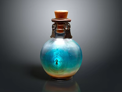 Glass Bottle With Blue Green Gradient And Wooden Cork Metal Ring Keyhole Design 3d model
