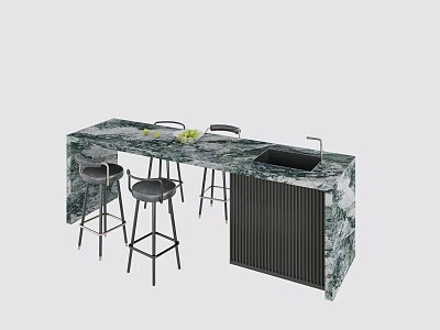 Elegant Modern Bar Counter Interior With Marble Top Sink And Black Stools 3d model