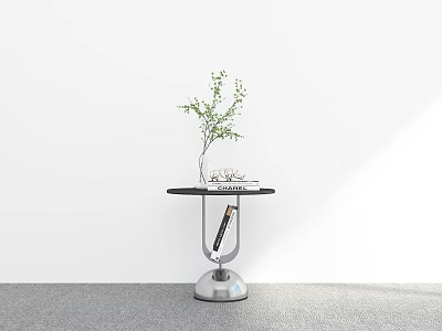 Modern Minimalist Side Table With Black Tabletop Metal Base Transparent Vase And Green Plant 3d model