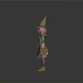 3D Game and Movie Character With Pink Hair Wizard Hat Green Dress and Orange Shoes