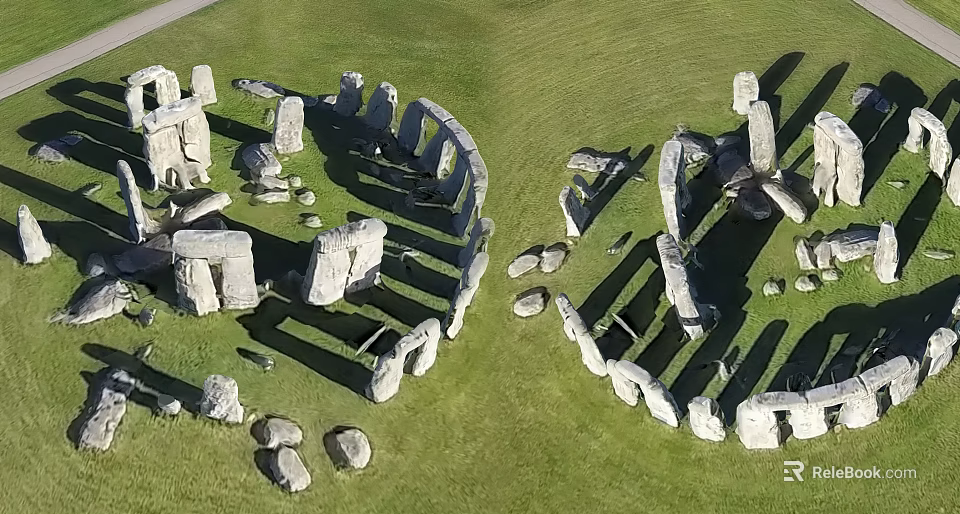 Ancient Stone and Wood Structure with Circular Layout on Green Grass Aerial View 3d model 