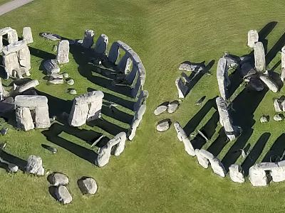 Ancient Stone and Wood Structure with Circular Layout on Green Grass Aerial View 3d model
