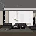 Modern Living Room Interior With Black Sofas Coffee Table Green Plant Sculpture And Decorative Painting