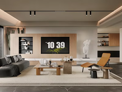 Modern Living Room Interior Design With Gray Sofa Wooden Coffee Table TV Sculpture And Green Plants 3d model