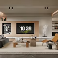 Modern Living Room Interior Design With Gray Sofa Wooden Coffee Table TV Sculpture And Green Plants
