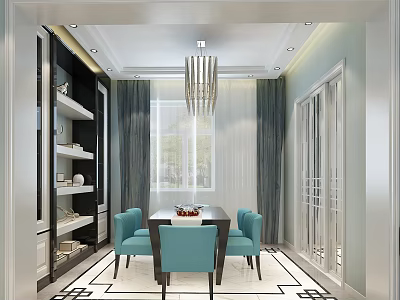 Modern Dining Room Interior With Light Blue Chairs Dark Table Chandelier And Geometric Tiles 3d model