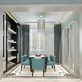 Modern Dining Room Interior With Light Blue Chairs Dark Table Chandelier And Geometric Tiles