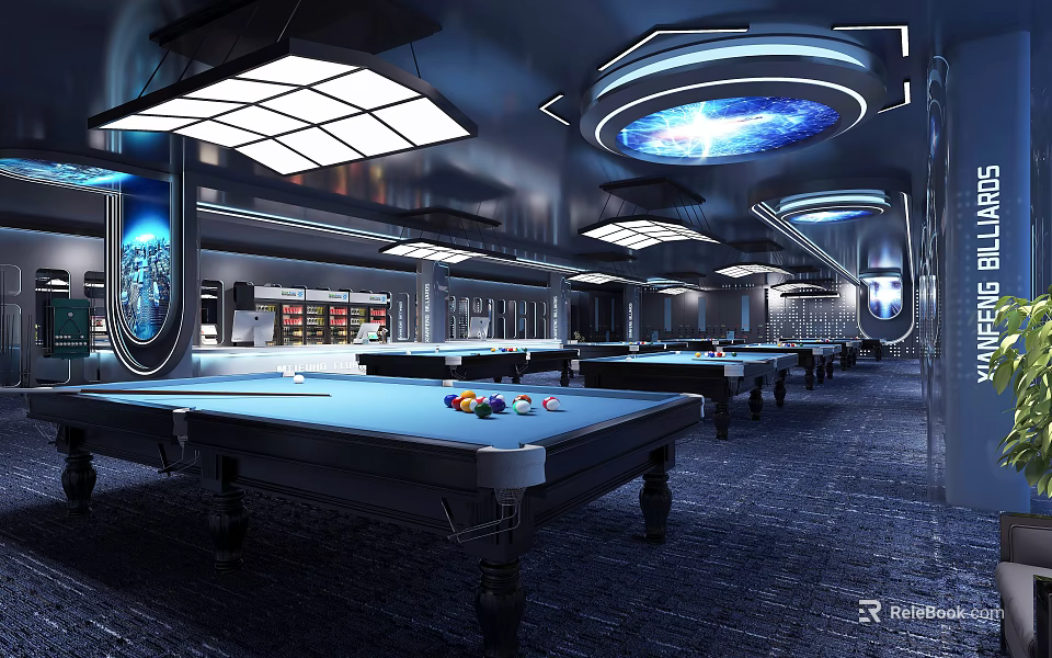 Modern Billiard Room Interior With Multiple Pool Tables Ceiling Lights And Dark Carpeted Floor 3d model 