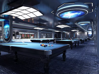 Modern Billiard Room Interior With Multiple Pool Tables Ceiling Lights And Dark Carpeted Floor 3d model