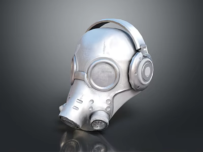 Tactical Weapon Gas Mask With Silver Metallic Finish Round Lenses And Headphone Style 3d model