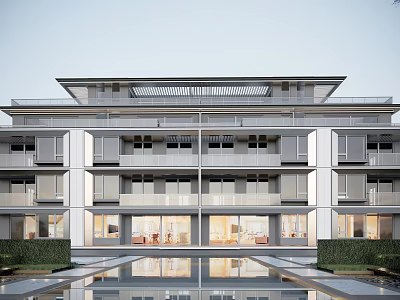 Modern Duplex Villa Facade With Large Glass Windows Water Pool Reflection And Green Shrubs 3d model