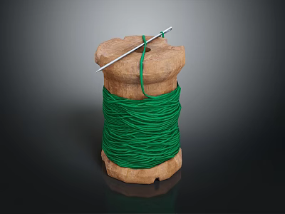 Wooden Spool Wound With Green Thread And Needle Against Dark Background 3d model