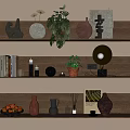 Stylish Decorative Ornament Combination With Books Sculptures Vases Green Plants Candles And Clock On Shelves
