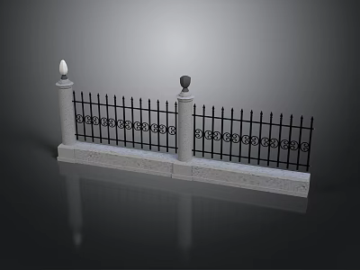 Ornate Iron Fence With Stone Base And Decorative Pillars Featuring Ornamental Design 3d model