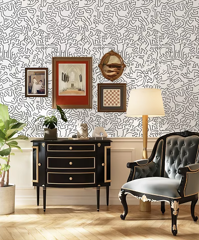 Stylish Console Table with Framed Pictures Mirror Table Lamp and Patterned Wallpaper Near Armchair 3d model