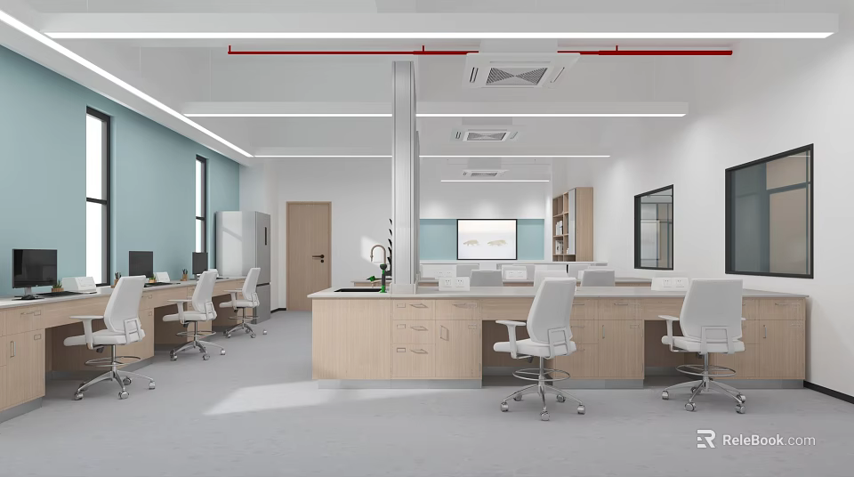 Modern Laboratory Interior With Open Layout Office Desks White Chairs Blue Walls And Whiteboard 3d model 