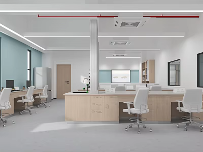 Modern Laboratory Interior With Open Layout Office Desks White Chairs Blue Walls And Whiteboard 3d model