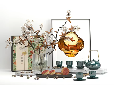 Traditional Chinese Ornament Decor Set With Blossom Branches Framed Art Tea Set And Mooncakes 3d model