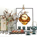 Traditional Chinese Ornament Decor Set With Blossom Branches Framed Art Tea Set And Mooncakes