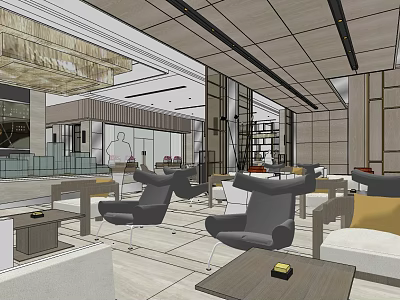 Modern Sales Office Interior With Comfortable Sofas Chairs Coffee Tables And Elegant Chandelier 3d model