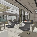 Modern Sales Office Interior With Comfortable Sofas Chairs Coffee Tables And Elegant Chandelier