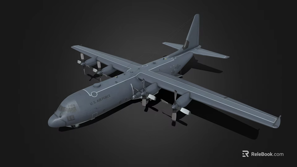 Military Transport Aircraft With Four Propeller Engines Gray Body Long Wings And Serial Number 044130 3d model 