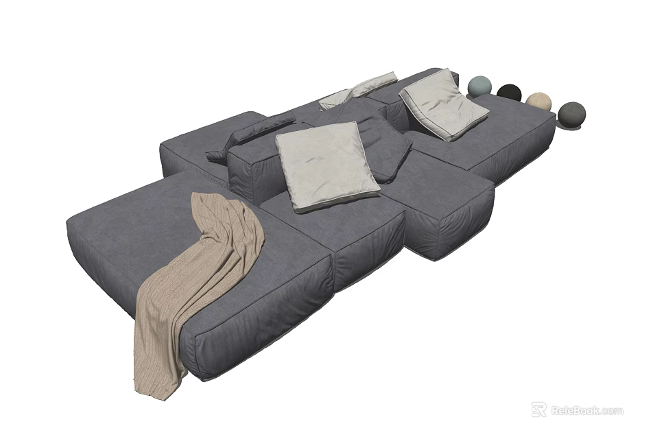 Modern Gray Modular Sectional Sofa With Plush Cushions And Cozy Blanket 3d model 
