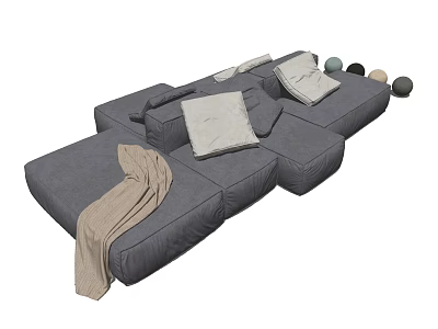 Modern Gray Modular Sectional Sofa With Plush Cushions And Cozy Blanket 3d model