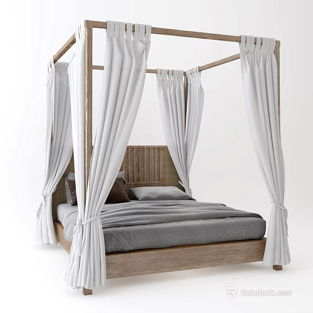 Natural Style Wooden Four-Poster Double Bed With White Drapes Woven Headboard And Gray Mattress 3d model 
