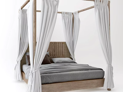 Natural Style Wooden Four-Poster Double Bed With White Drapes Woven Headboard And Gray Mattress 3d model