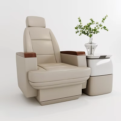Beige Leather Single Sofa With Wooden Armrests White Side Table And Potted Green Plant 3d model