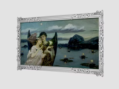 Figurative Painting With Silver Ornate Frame Two Figures Mountain Landscape Water Boats And Lantern Lights 3d model