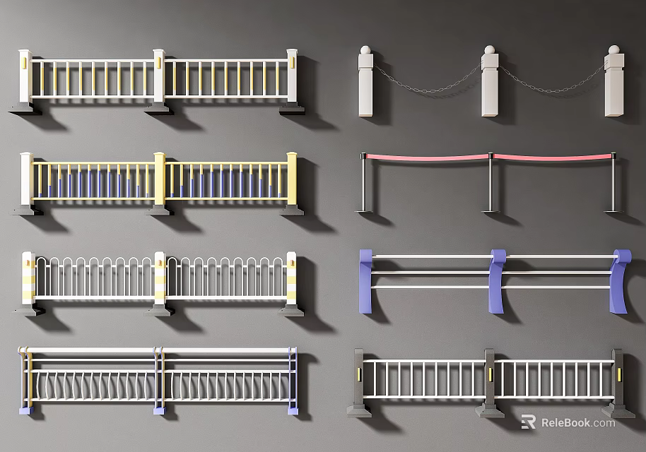 Different Designed Fences With Colorful Railings Decorative Posts And Chain Elements 3d model 