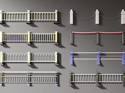 Different Designed Fences With Colorful Railings Decorative Posts And Chain Elements 3d model