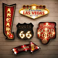 Vintage Retro Decorative Lights With Las Vegas Route 66 Arcade And Food Signs Design