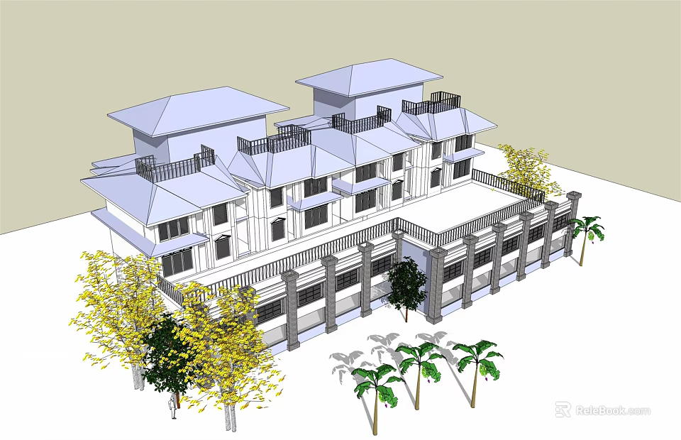 Multi Storey Building With Traditional Roof Balconies And Surrounding Trees 3d model 