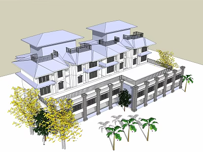 Multi Storey Building With Traditional Roof Balconies And Surrounding Trees 3d model