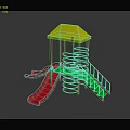 Colorful Playground Equipment with Yellow Roof Red Slide Green Stairs Orange Frame and Climbing Net