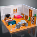 Cozy Room Interior With Pink Bed Blue Sofa TV Desk And Bookshelf