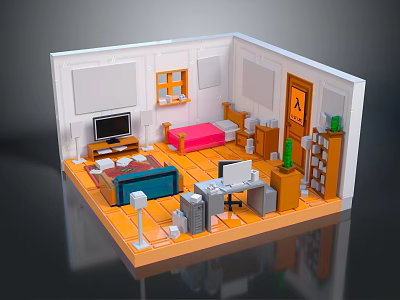 Cozy Room Interior With Pink Bed Blue Sofa TV Desk And Bookshelf 3d model