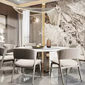 Elegant Modern Restaurant Interior With Marble Wall Wine Cabinet Dining Table Chairs And Pendant Light