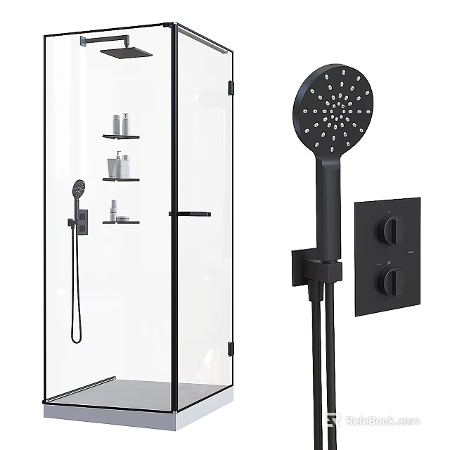 Contemporary Shower Sauna With Glass Enclosure Black Fixtures Shelves And Handheld Sprayer 3d model 