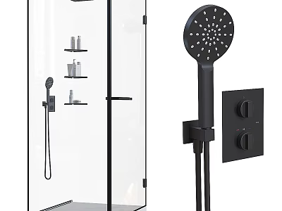 Contemporary Shower Sauna With Glass Enclosure Black Fixtures Shelves And Handheld Sprayer 3d model