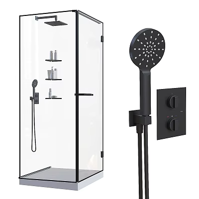 Contemporary Shower Sauna With Glass Enclosure Black Fixtures Shelves And Handheld Sprayer 3d model