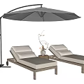 Comfortable Wooden Lounge Chairs With Beige Cushions Umbrella Side Table And Decorative Vase