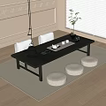 Minimalist Tea Table and Chairs with Black Wooden Top White Seats Round Stools Tea Sets Window Light Fixture Plant