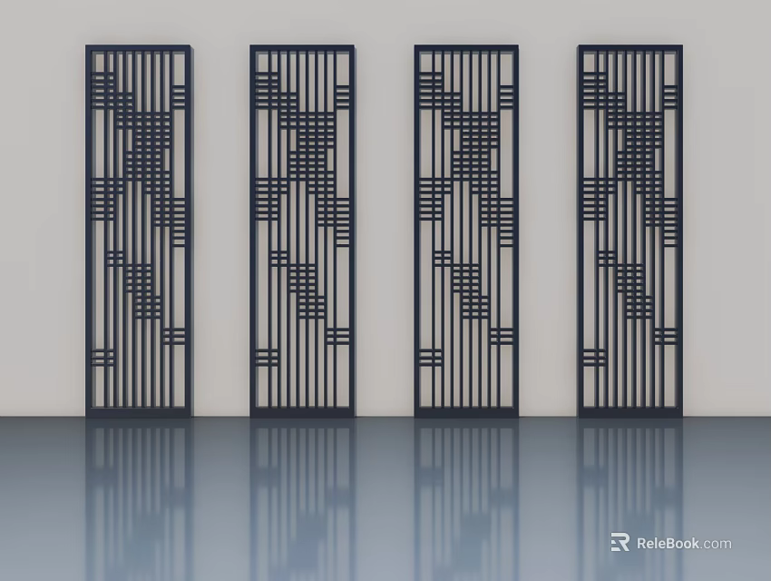 Modern Black Swing Doors with Geometric Patterns Arranged in Row and Reflection 3d model